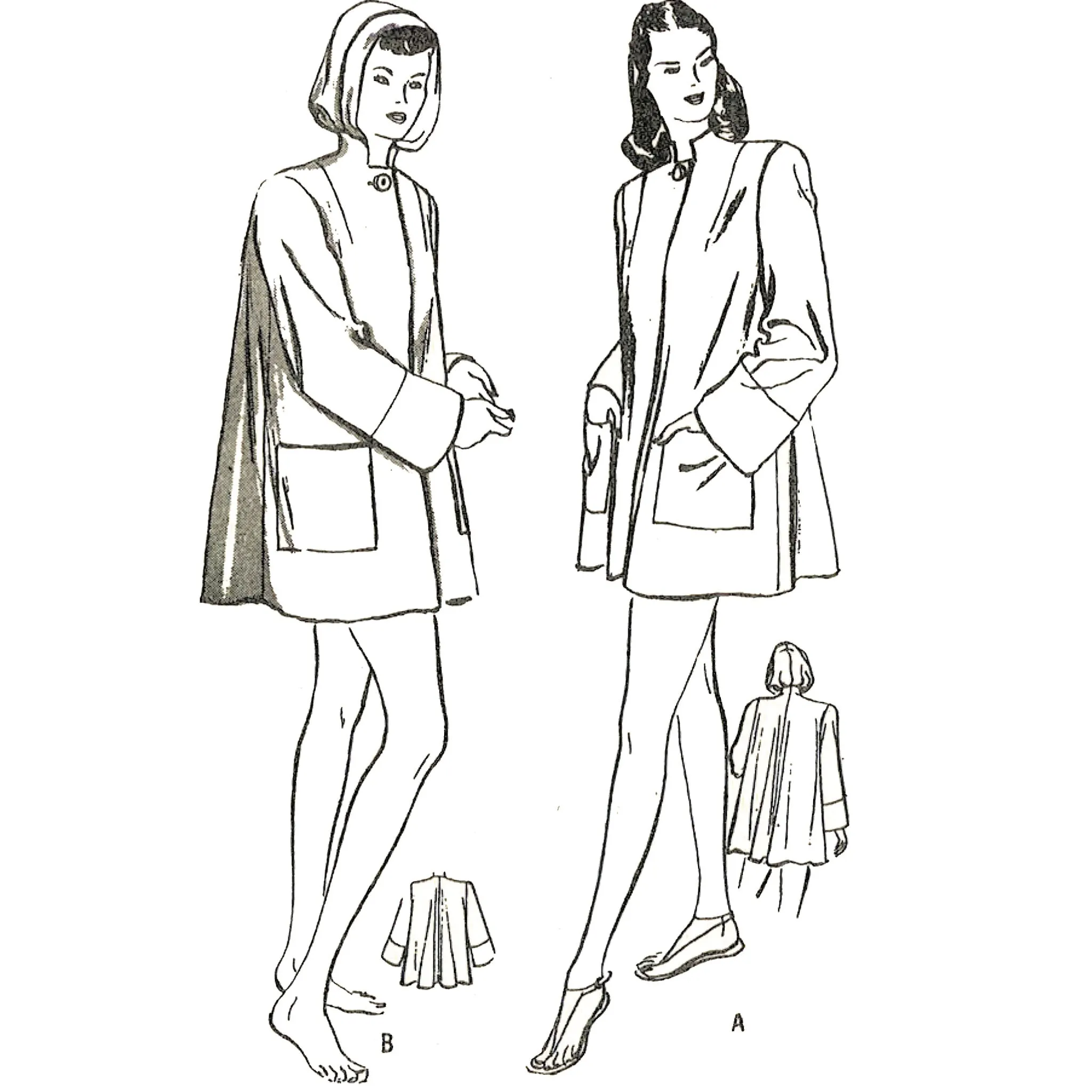 1940s Pattern, 'Rita' Flared Beachwear Coat, Optional Hood - Bust 36" (91.4cm)