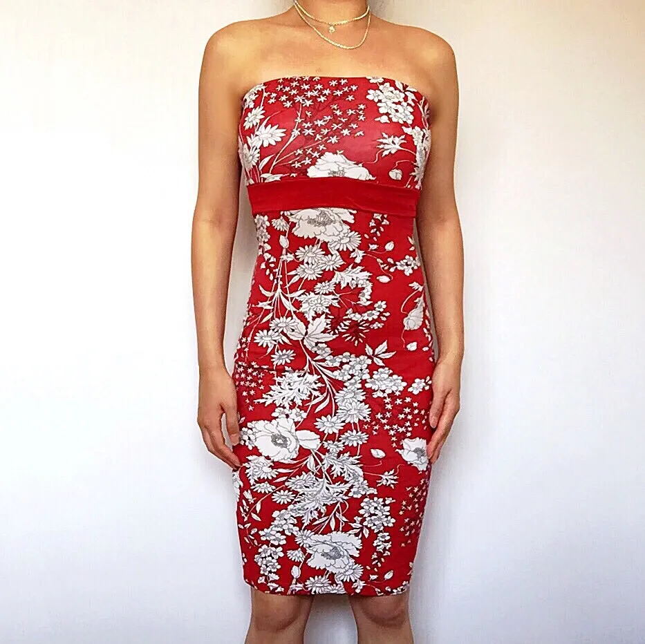 90S Y2K RED FLORAL TUBE DRESS