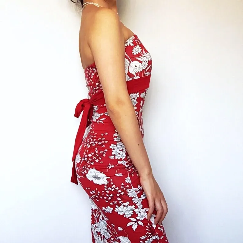 90S Y2K RED FLORAL TUBE DRESS