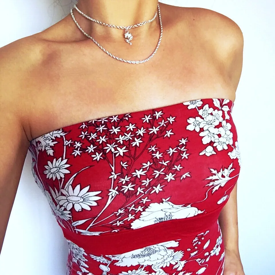 90S Y2K RED FLORAL TUBE DRESS