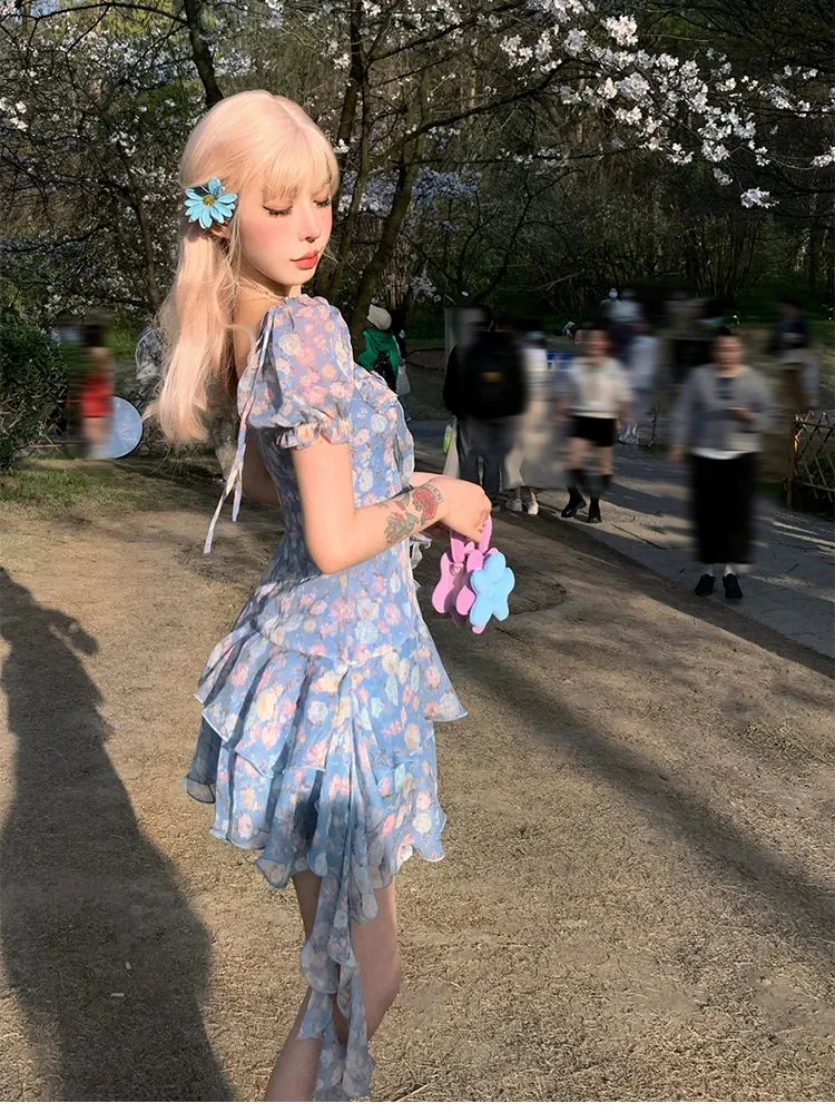 Advbridge  Summer Floral Y2k Mini Dress Holiday Beach Irregular Chiffon Dress Casual Korean Fashion Short Party Dress Elegant Clothing