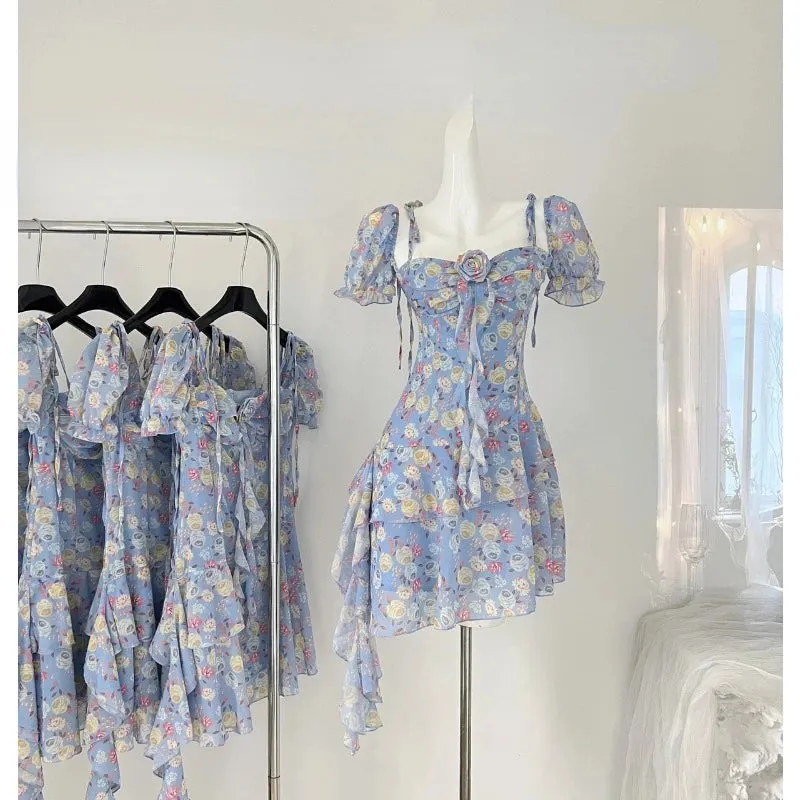 Advbridge  Summer Floral Y2k Mini Dress Holiday Beach Irregular Chiffon Dress Casual Korean Fashion Short Party Dress Elegant Clothing