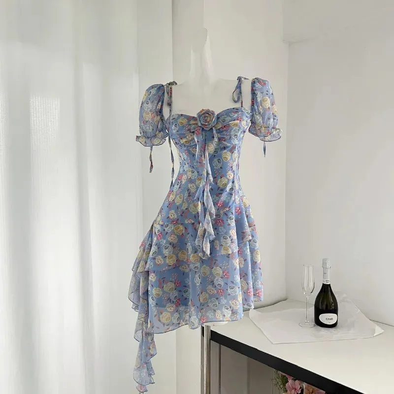 Advbridge  Summer Floral Y2k Mini Dress Holiday Beach Irregular Chiffon Dress Casual Korean Fashion Short Party Dress Elegant Clothing