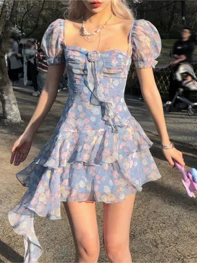 Advbridge  Summer Floral Y2k Mini Dress Holiday Beach Irregular Chiffon Dress Casual Korean Fashion Short Party Dress Elegant Clothing