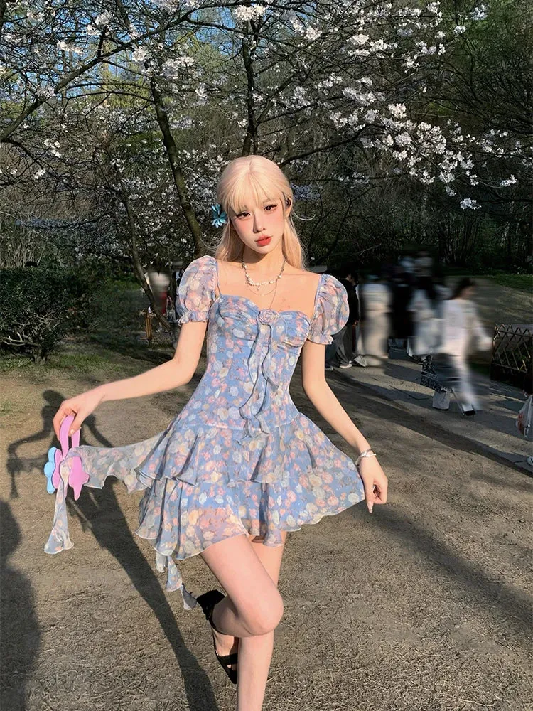 Advbridge  Summer Floral Y2k Mini Dress Holiday Beach Irregular Chiffon Dress Casual Korean Fashion Short Party Dress Elegant Clothing