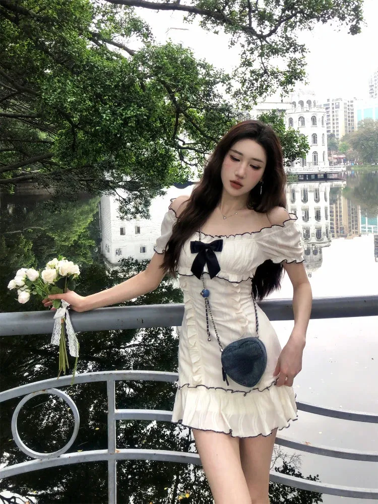 Advbridge  Summer Woman Short Sleeve Y2k Mini Dress Party Slim Sweet Bow Dress Casual Outwear One Piece Dress Korean Fashion Chic