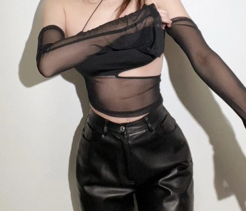 Asymmetrical Cut Out Mesh Crop Top