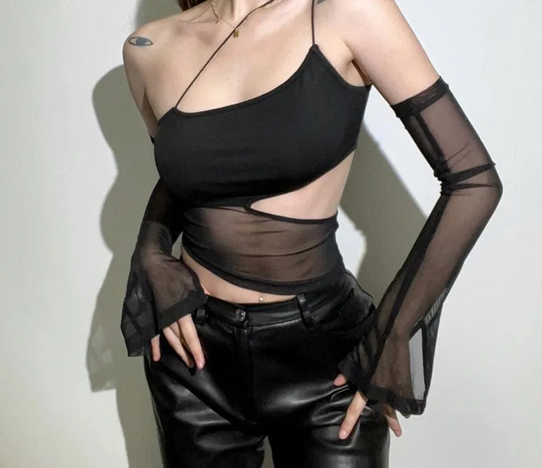 Asymmetrical Cut Out Mesh Crop Top