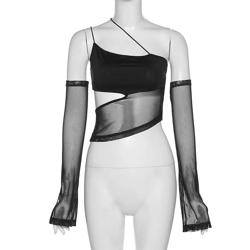 Asymmetrical Cut Out Mesh Crop Top