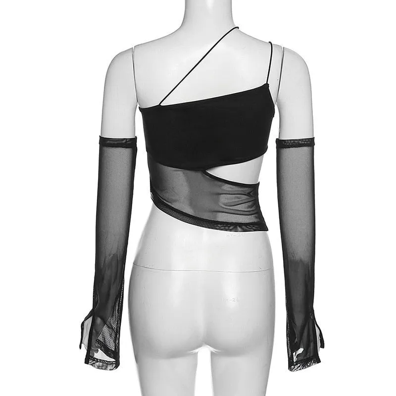 Asymmetrical Cut Out Mesh Crop Top