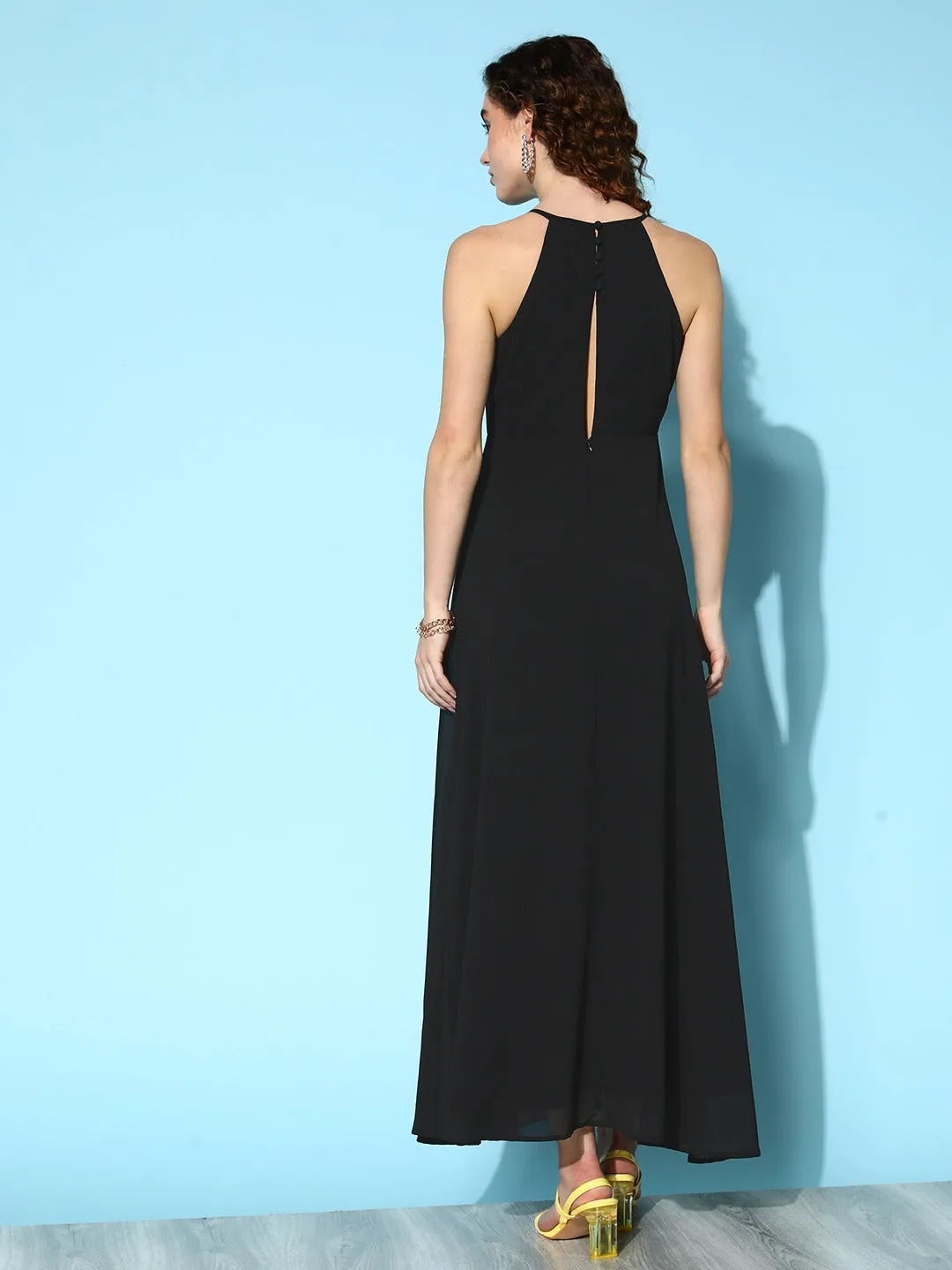 Berrylush Women Solid Black Round Neck Lace Insert Georgette Thigh-High Slit Flared Maxi Dress