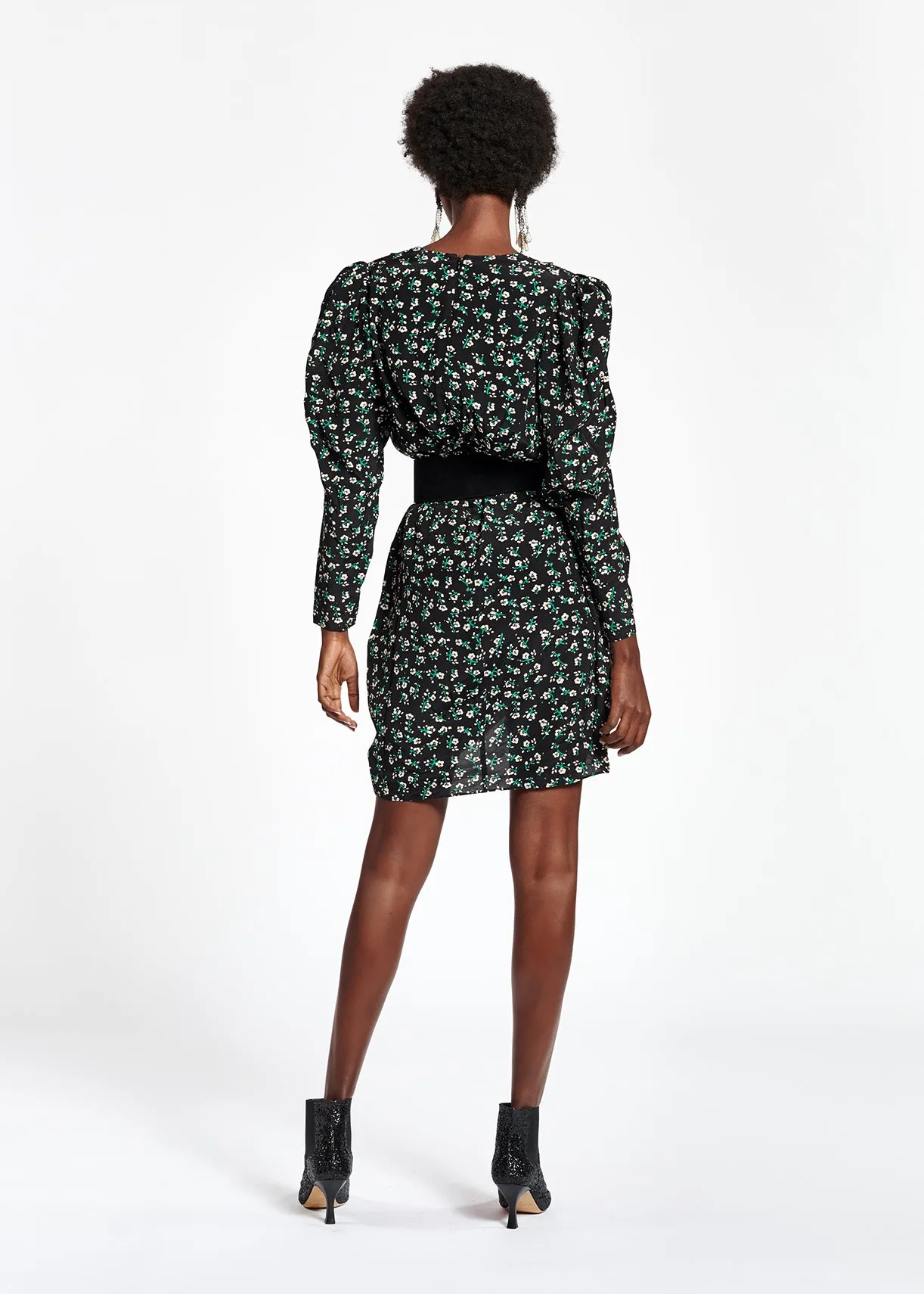Black floral mini wrap dress