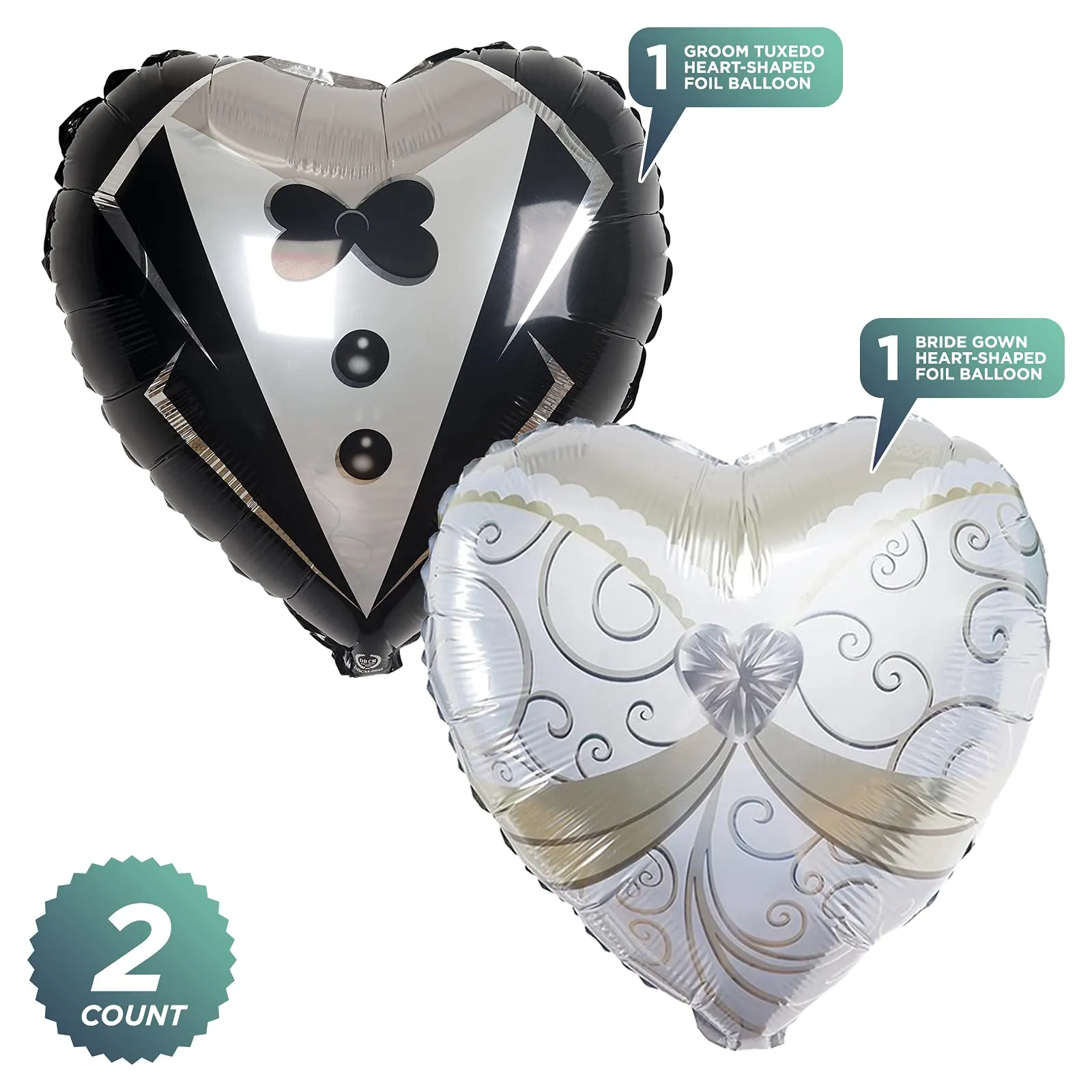 Bride and Groom Heart-Shaped Foil Balloon Set for Wedding Decorations and Bridal Party Supplies (2 Piece Set)