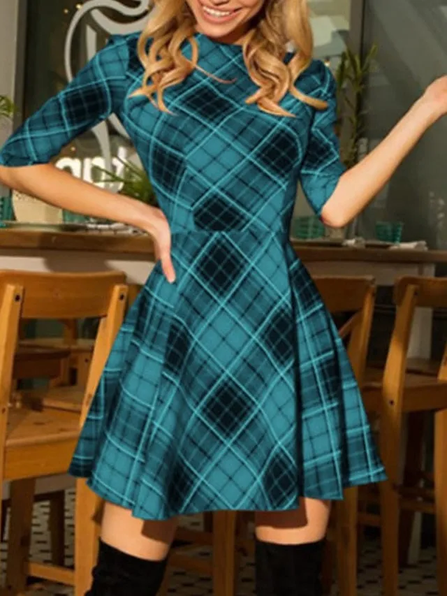 Casual Sweater Skims Dress Swing Sweater Skims Dress Plaid Sweater Skims Dress Mini Sweater Skims Dress Yellow Red Blue Half Sleeve Plaid Print Summer Spring Crew Neck Fashion  S M L XL for Women