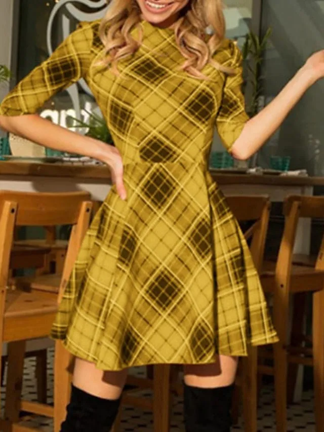 Casual Sweater Skims Dress Swing Sweater Skims Dress Plaid Sweater Skims Dress Mini Sweater Skims Dress Yellow Red Blue Half Sleeve Plaid Print Summer Spring Crew Neck Fashion  S M L XL for Women
