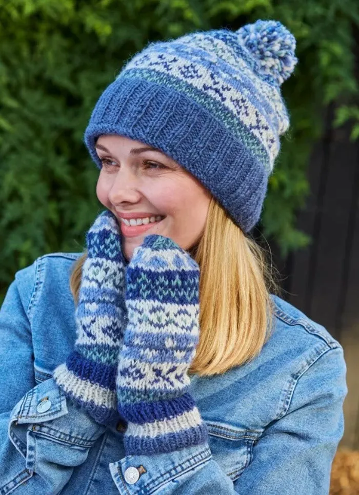 Classic Fairisle Roll Back Bobble Beanie Denim