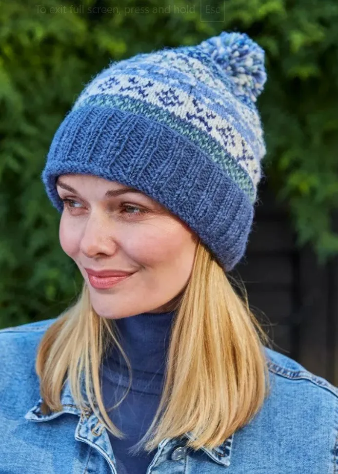 Classic Fairisle Roll Back Bobble Beanie Denim