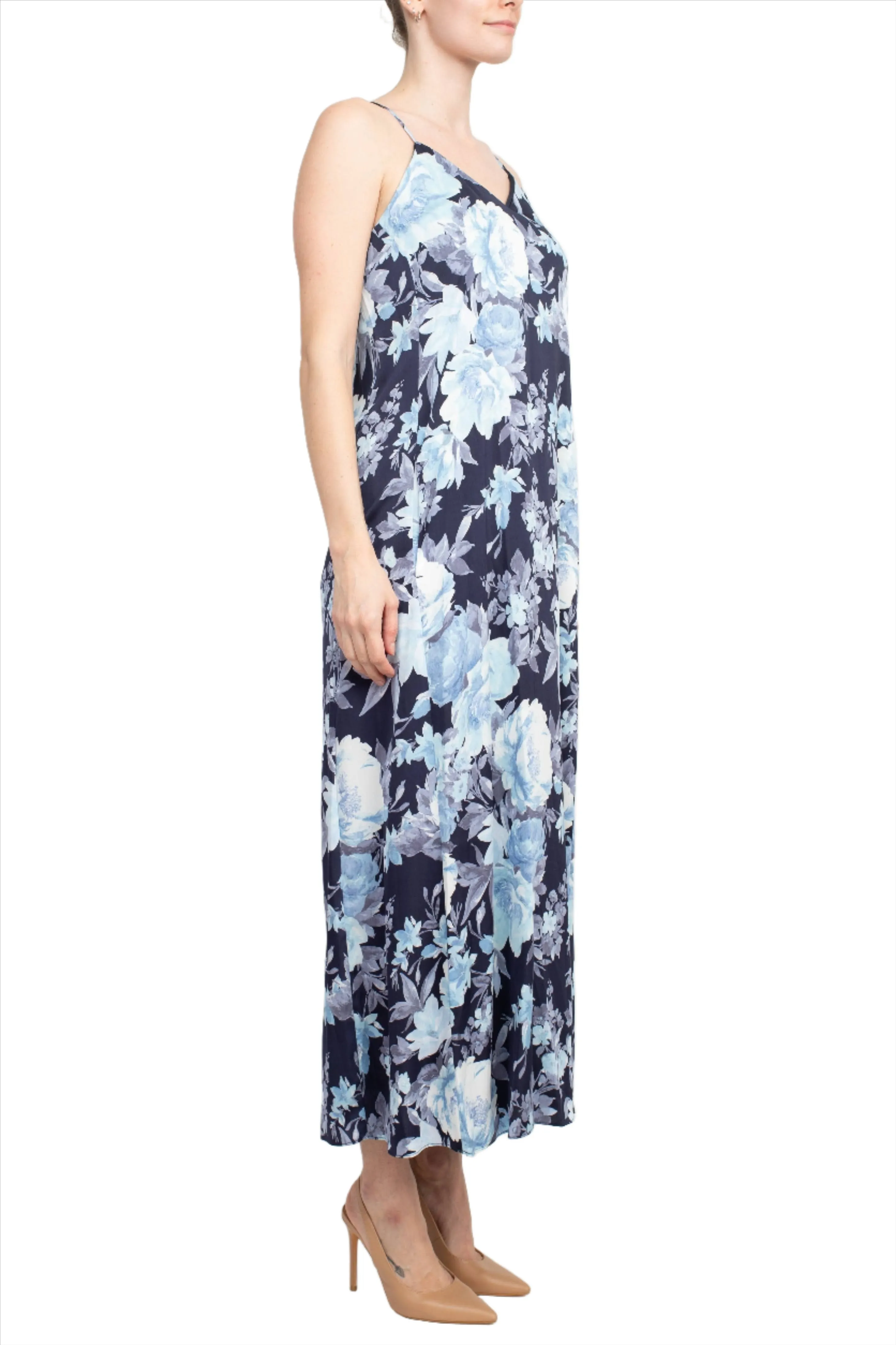 Connected Apparel V-Neck Spaghetti Strap Floral Print Satin Dress with Pockets