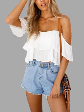 Custom Off The Shoulder Tiered Backless Sleeveless White Crop Top