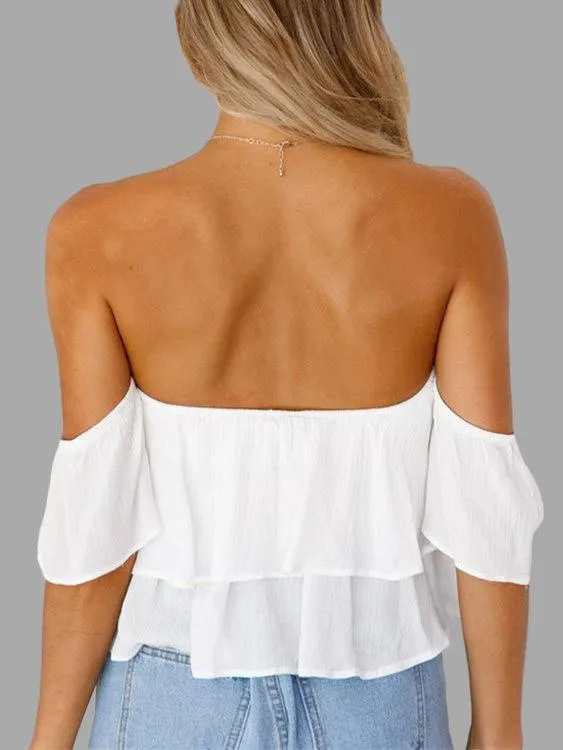 Custom Off The Shoulder Tiered Backless Sleeveless White Crop Top