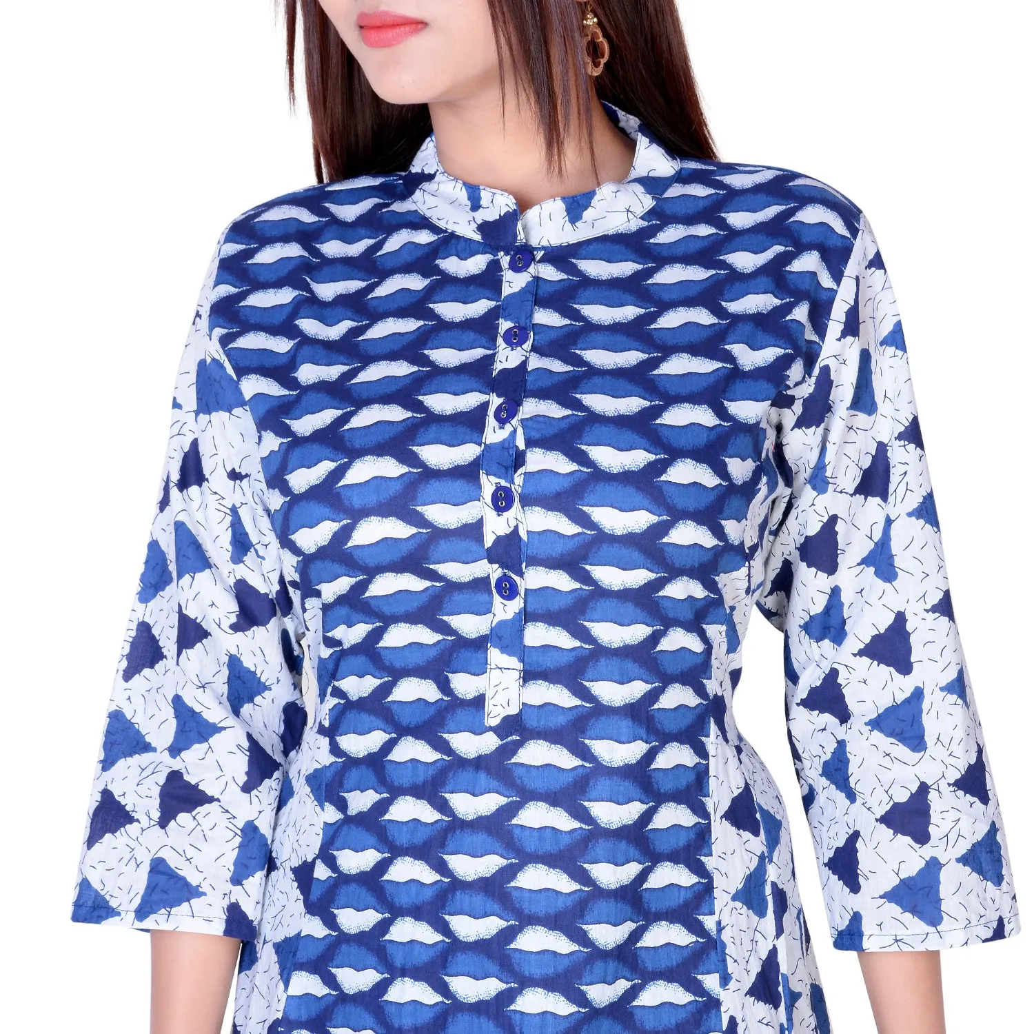 Floor Length Cotton Flared Geometrical Blue