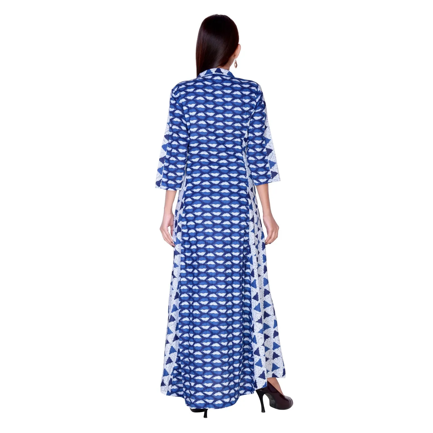 Floor Length Cotton Flared Geometrical Blue