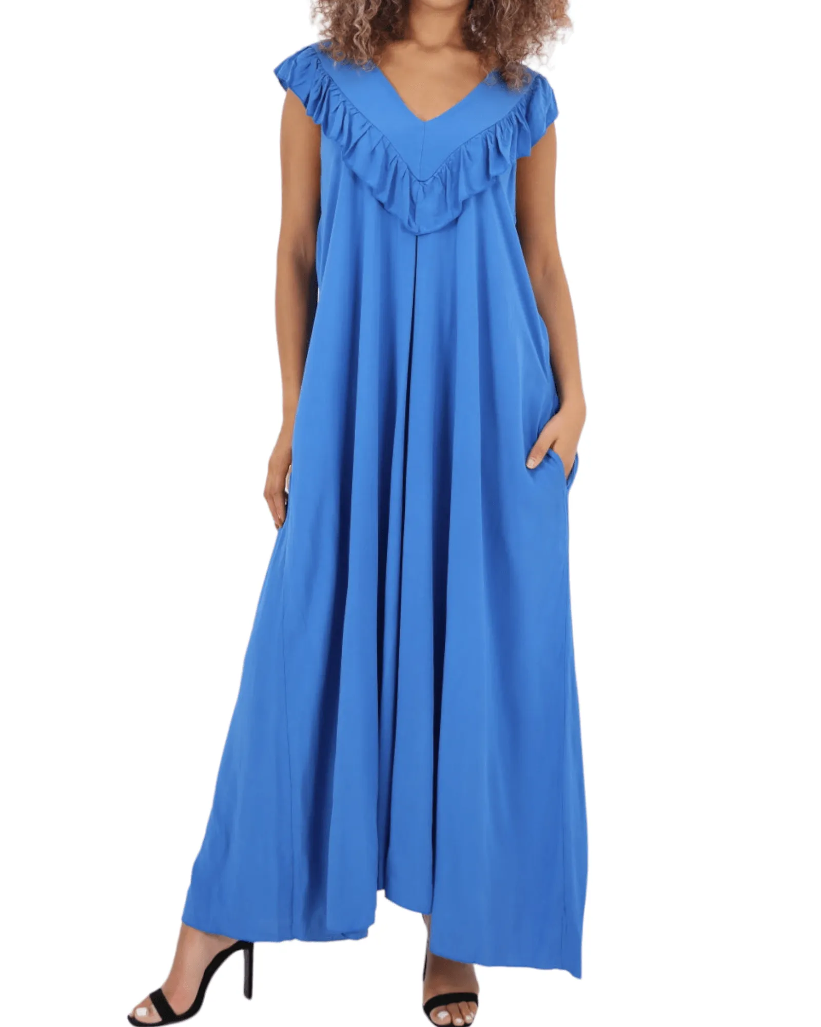 Frill V Neck Side Pockets Maxi Dress