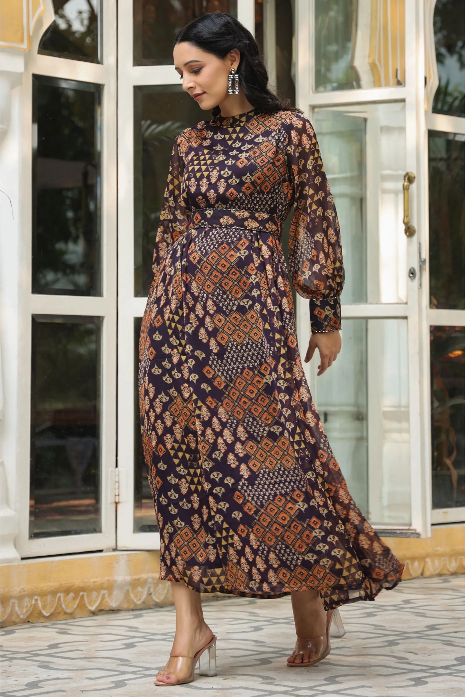 Jashvi Black Ethnic Motif Printed Chiffon Flared Maxi Dress With Buttons.