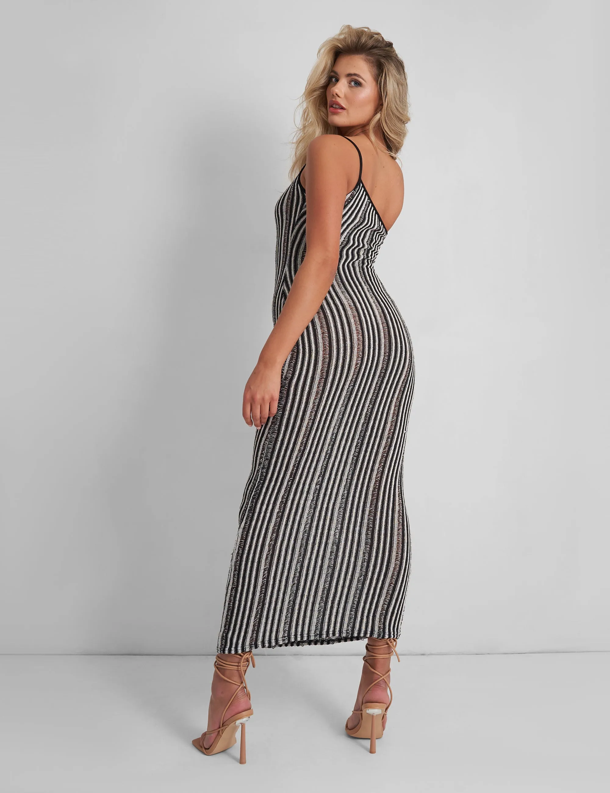Kaiia Knitted One Shoulder Maxi Dress Black and White Stripe