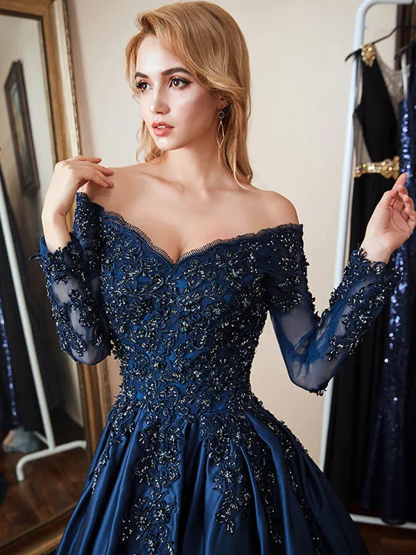 Long Sleeve Floral Lace Appliques Satin Beaded Ball Gown Formal Prom Dresses