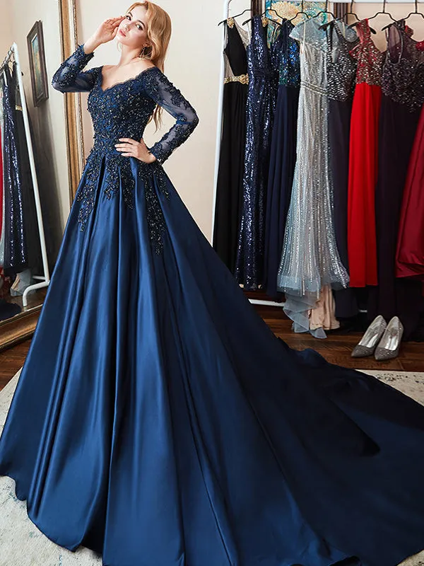 Long Sleeve Floral Lace Appliques Satin Beaded Ball Gown Formal Prom Dresses