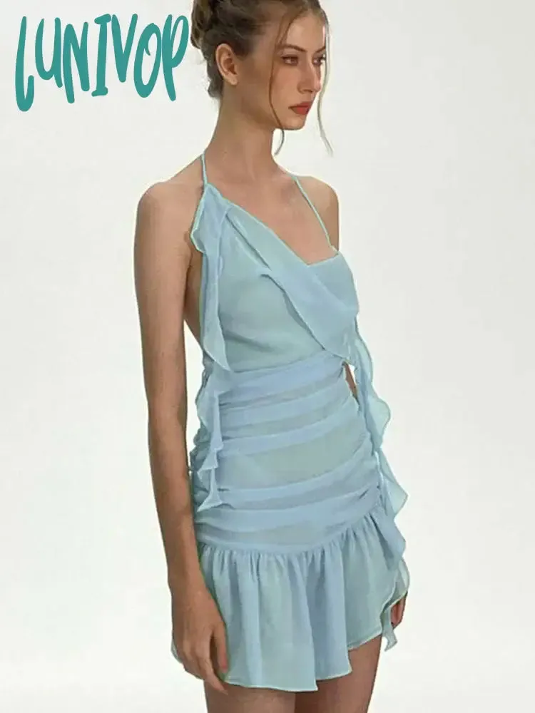 Lunivop Backless Women Dress Ruched Ruffles Tassel Fashion Ladies Party Stage Performance Wear Solid Sexy Y2K Bodycon Sexy Dress