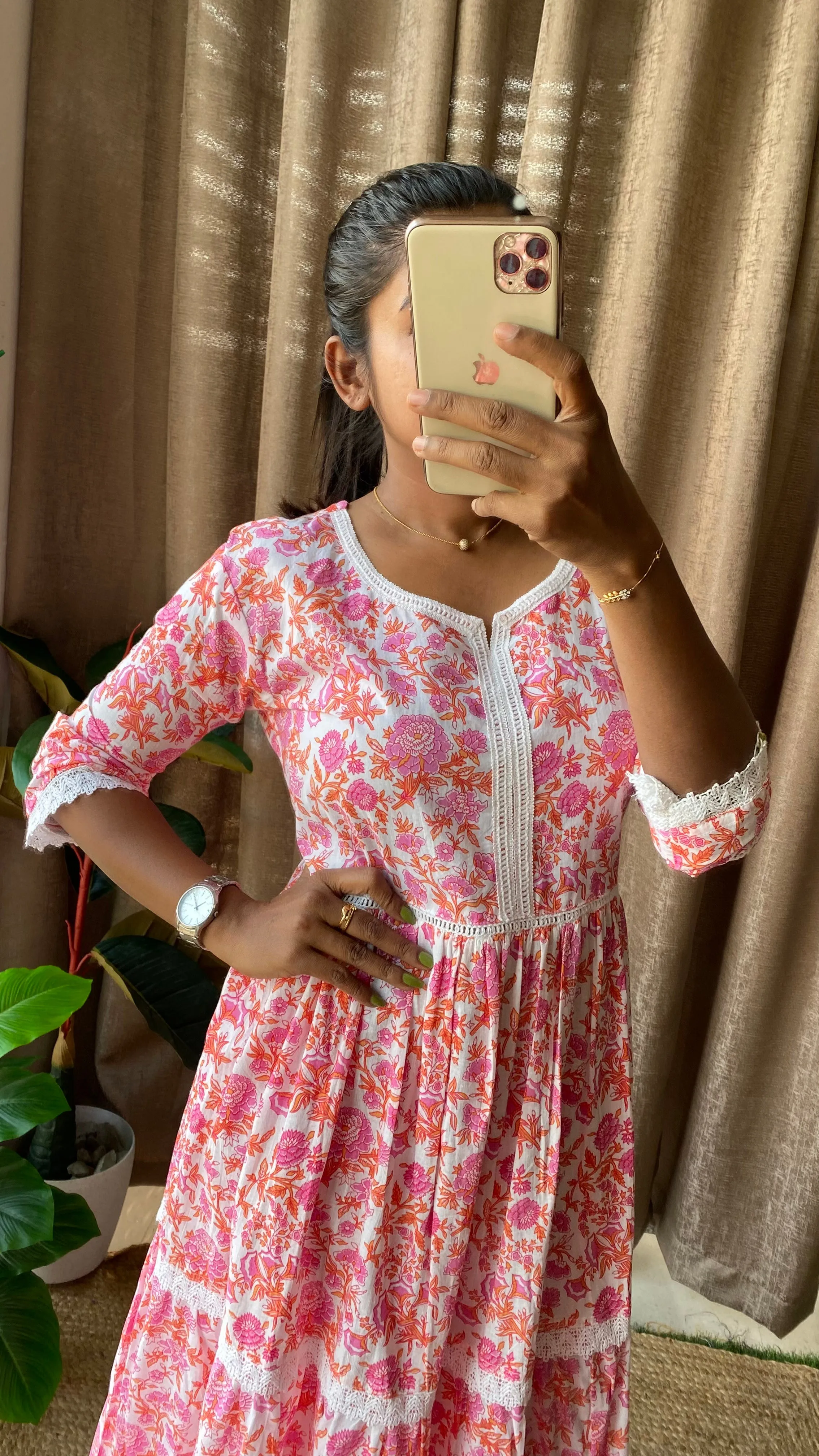 Pink floral Cotton printed 3 layered kurti maxi dress