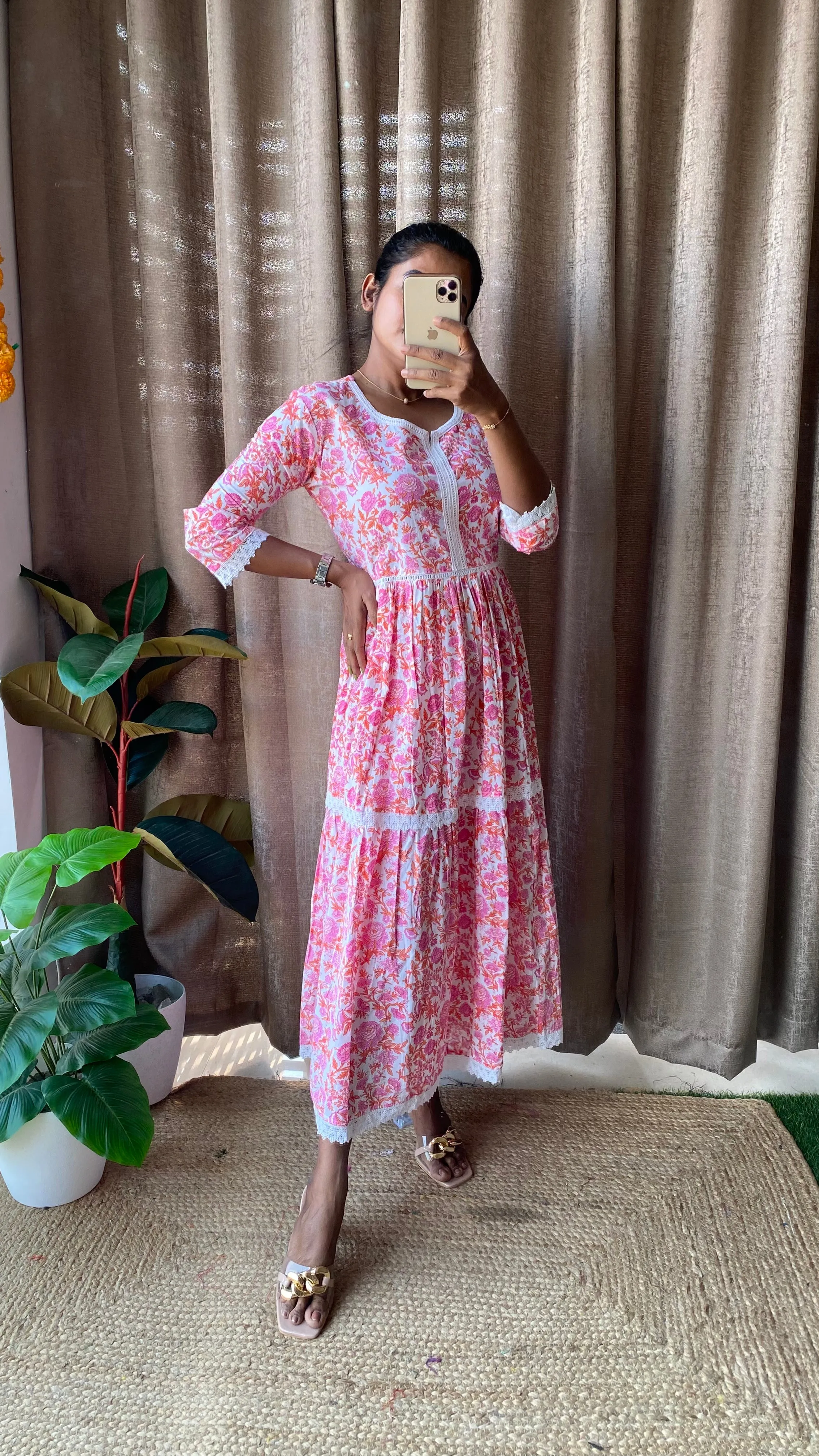 Pink floral Cotton printed 3 layered kurti maxi dress