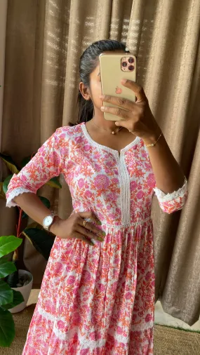Pink floral Cotton printed 3 layered kurti maxi dress