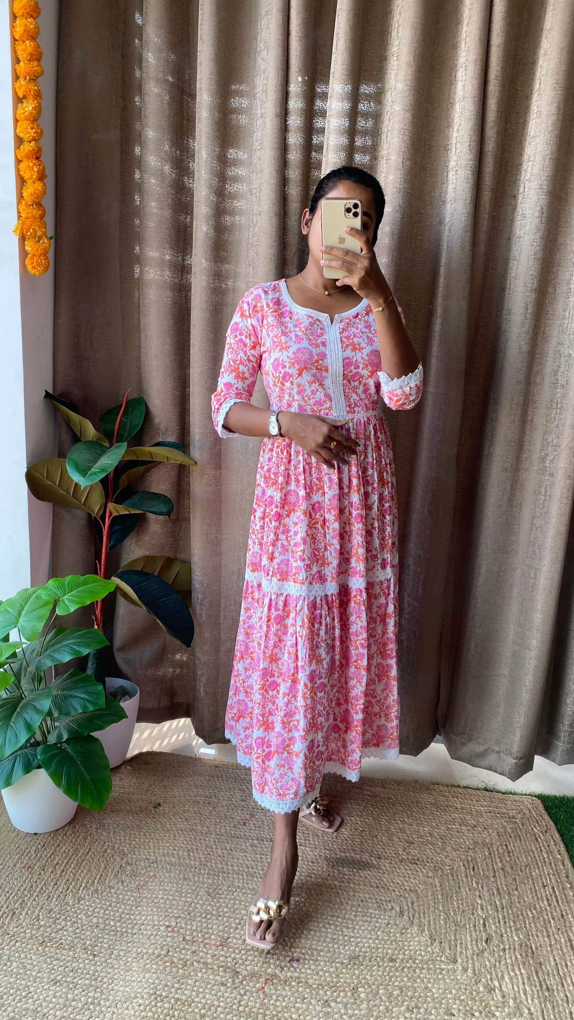 Pink floral Cotton printed 3 layered kurti maxi dress