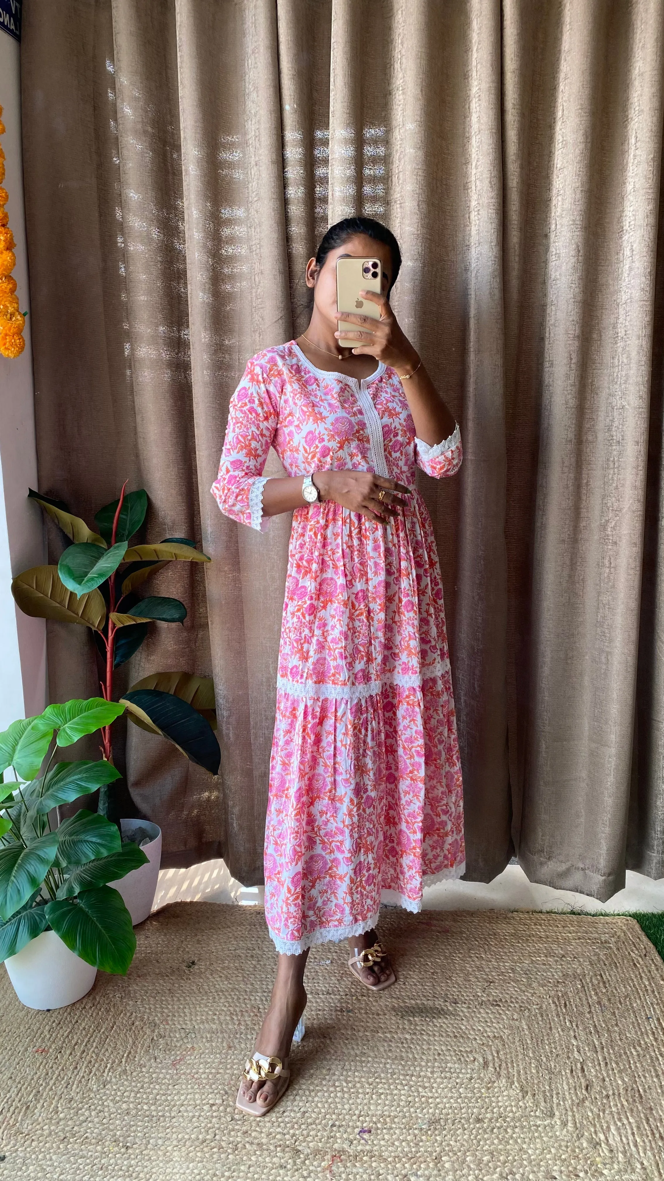 Pink floral Cotton printed 3 layered kurti maxi dress