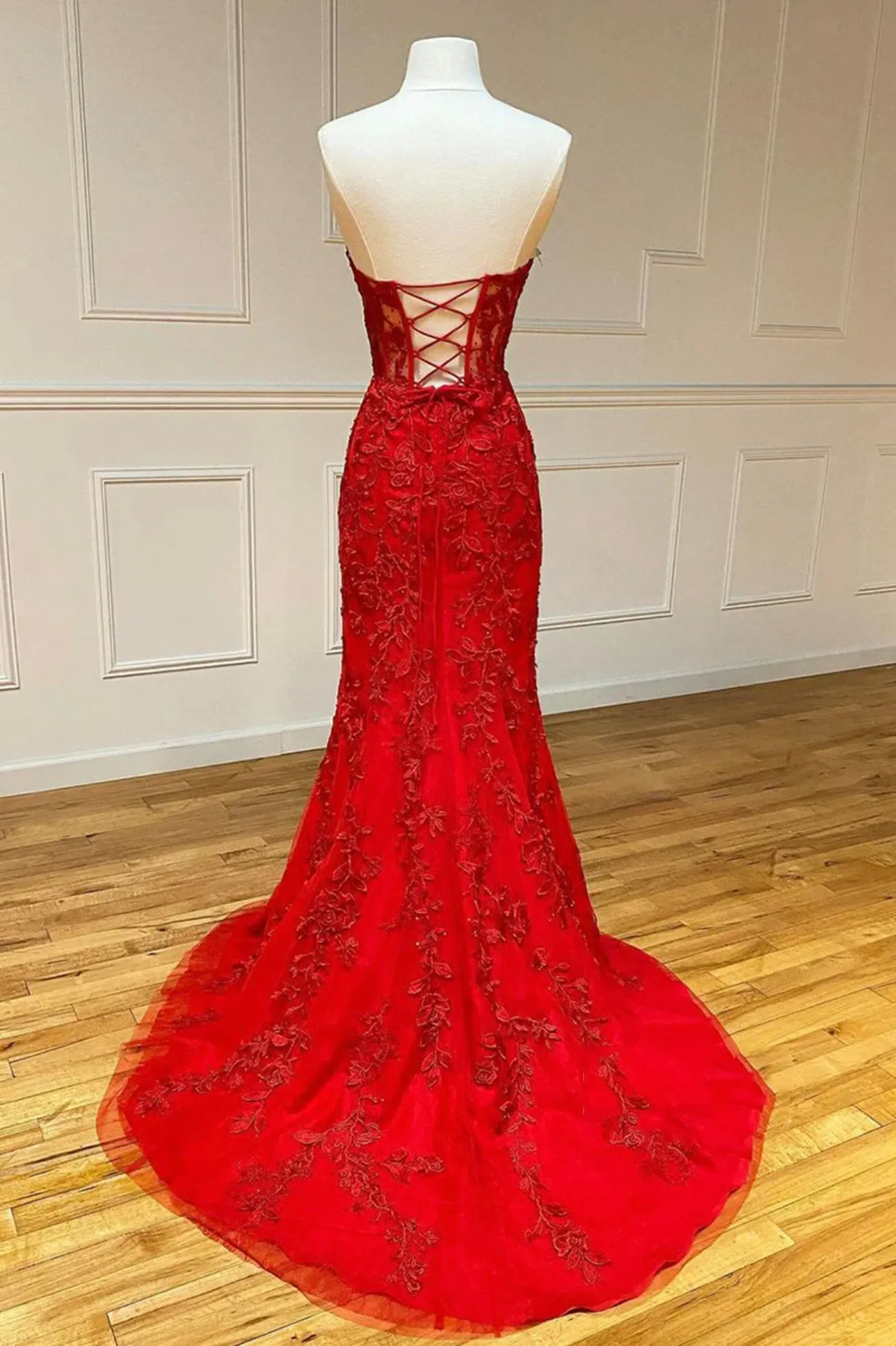 Red Mermaid Lace Long Prom Dress, Red Strapless Evening Dress