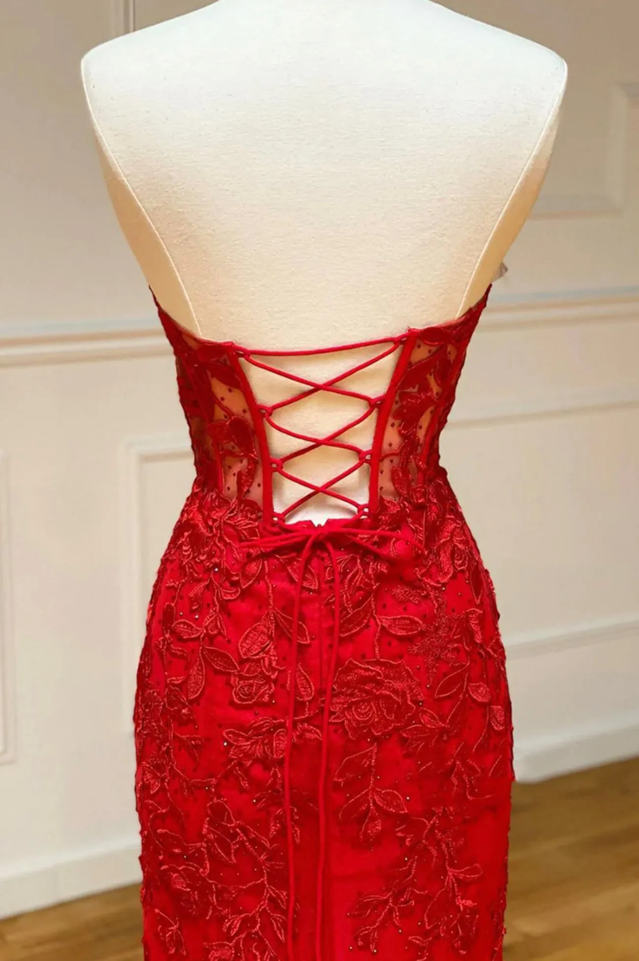 Red Mermaid Lace Long Prom Dress, Red Strapless Evening Dress
