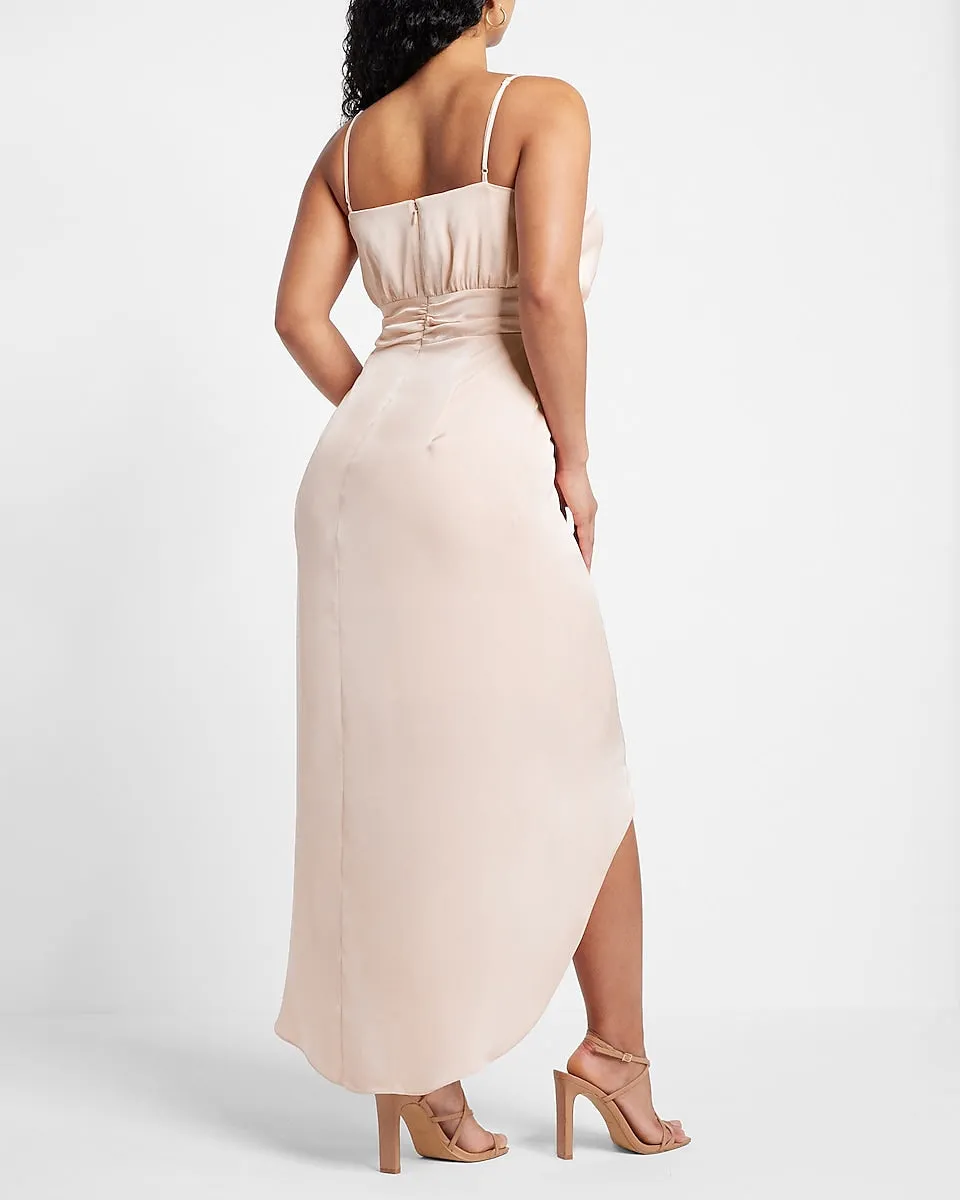 Satin Belted Hi-Lo Maxi Dress in Pale Pink