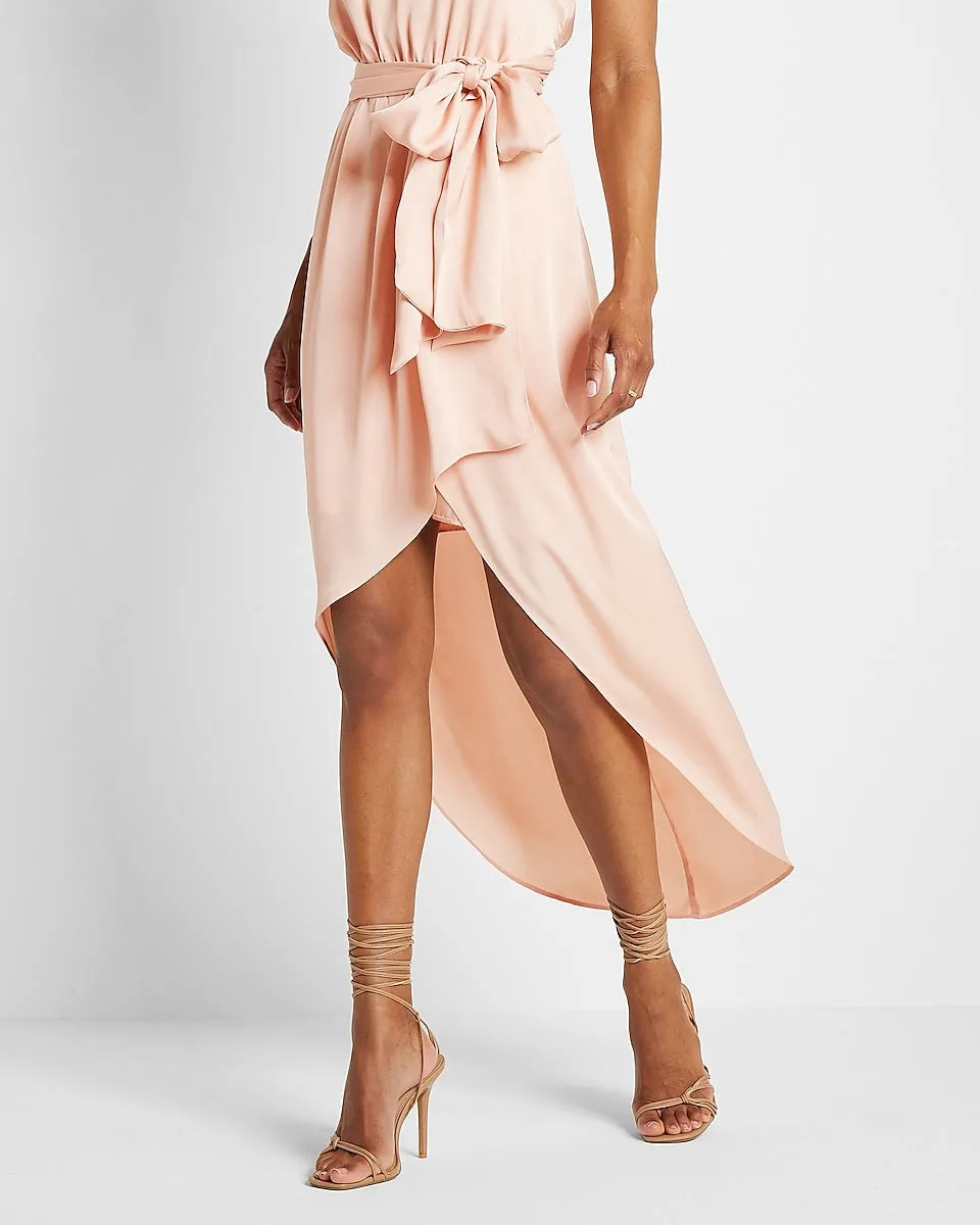 Satin Belted Hi-Lo Maxi Dress in Pale Pink
