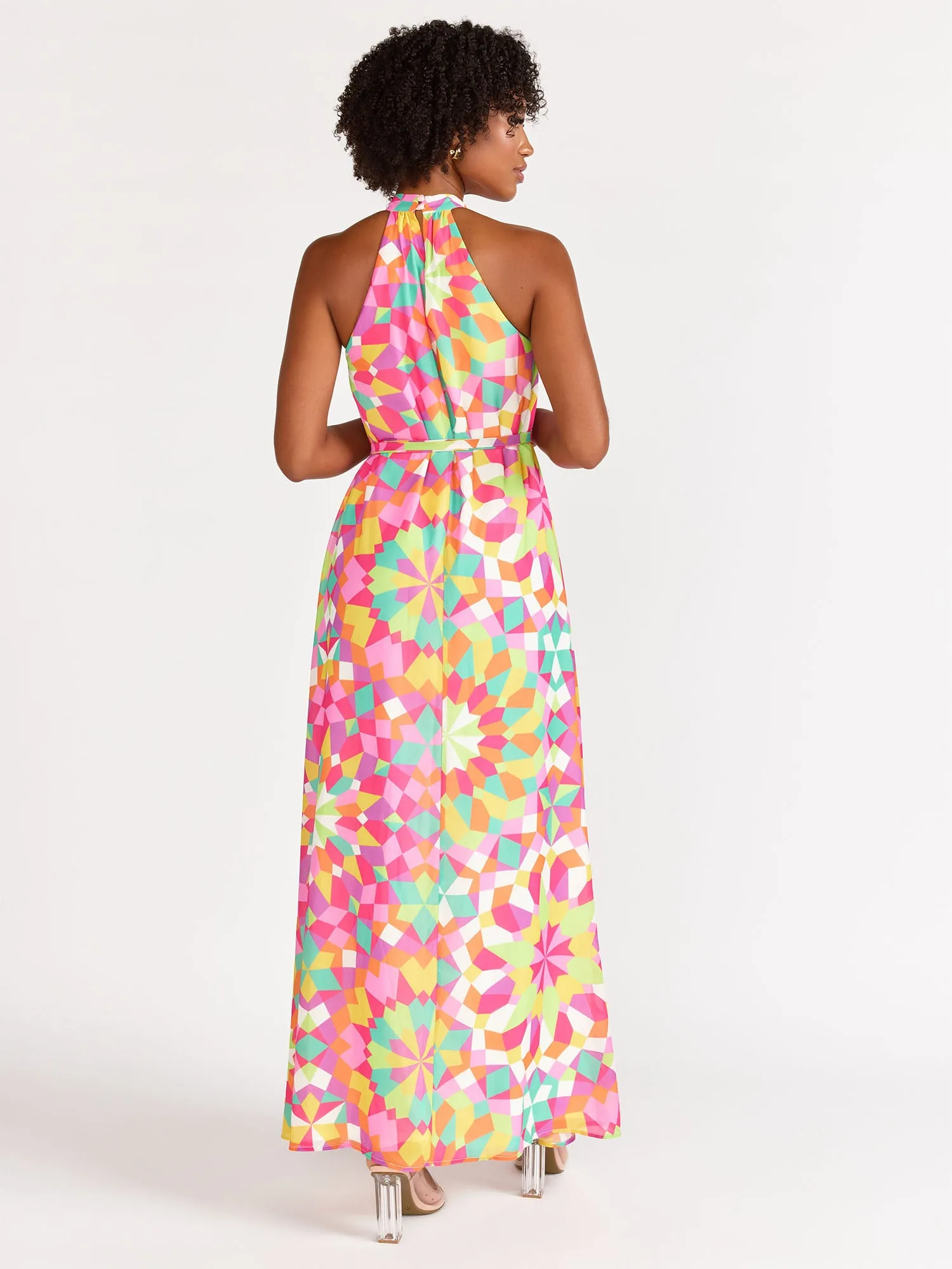 Sleeveless High-Neck Kaliedescope Maxi Dress - Flying Tomato